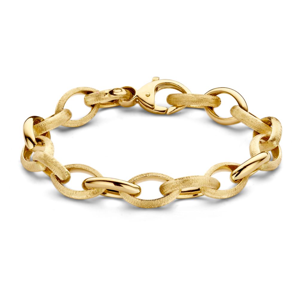 Geelgouden armband met ovale schakels en een sluiting, glanzende en matte afwerking.