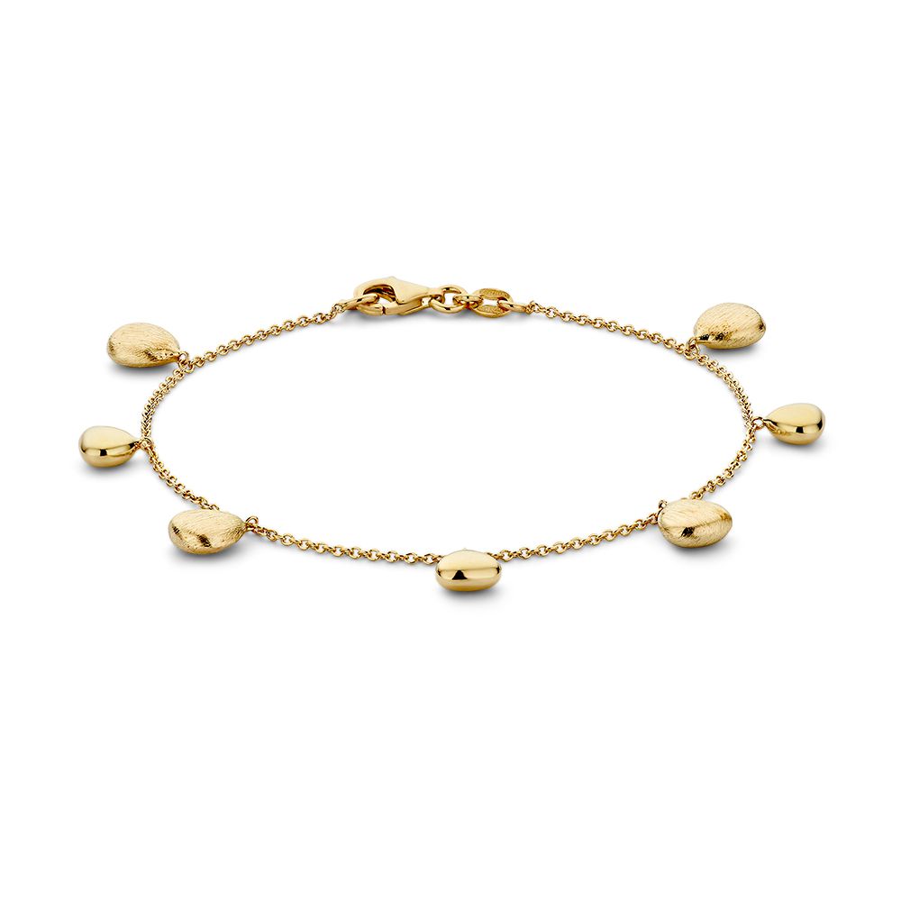 Geelgouden armband van 14 karaat met hangende, ronde elementen en een lengte van 19 cm.