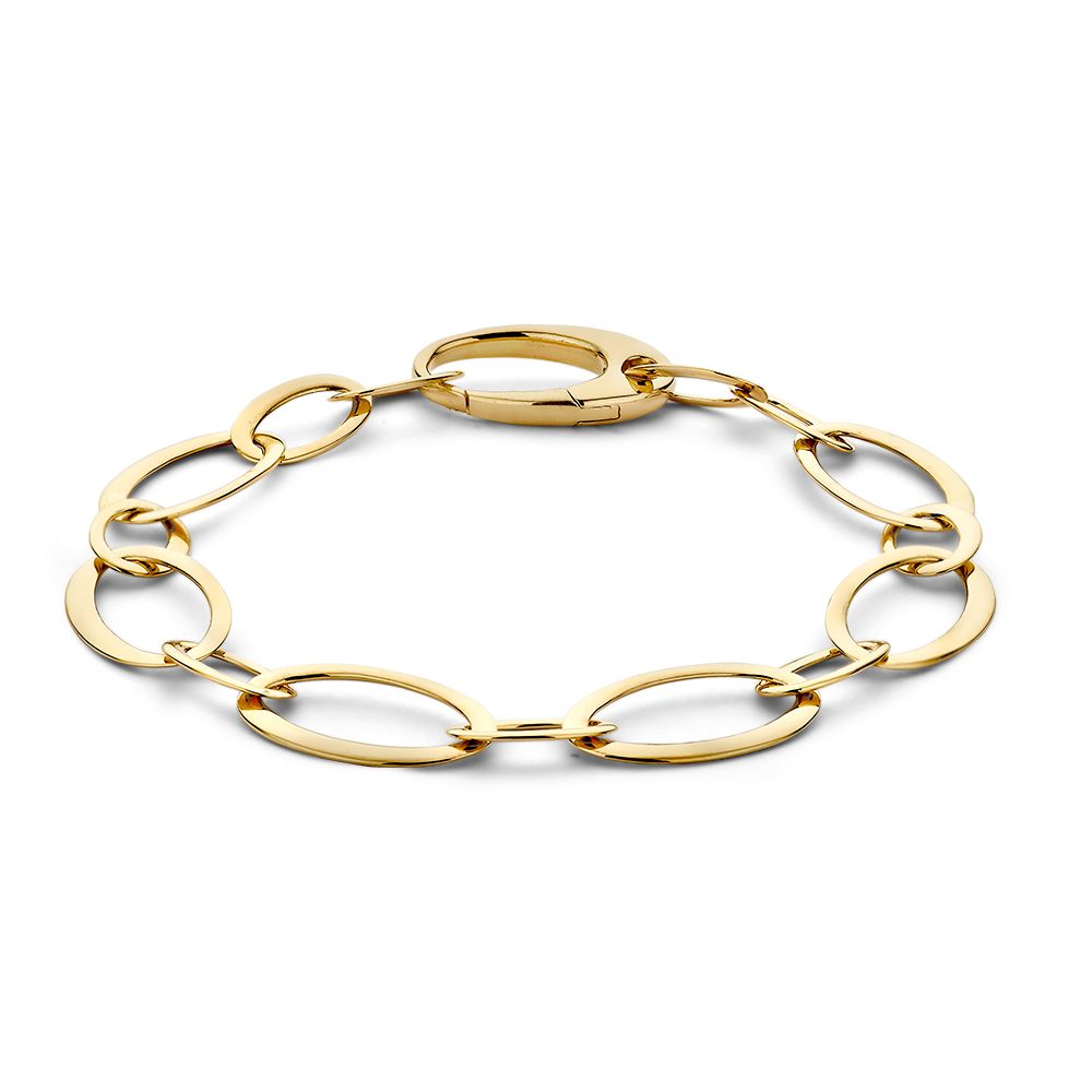 Geelgouden armband met platte schakels, 14 karaat, 20 cm lang en een glanzende afwerking.