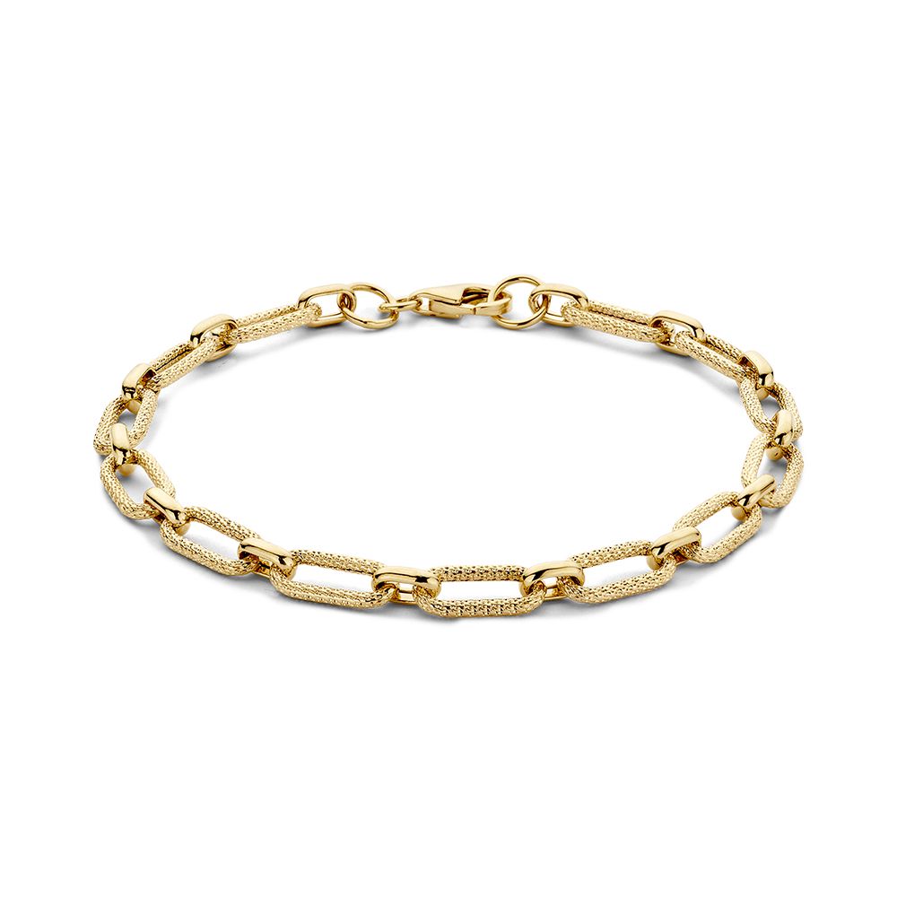 Geelgouden schakelarmband van 14 karaat met bewerkte schakels, 19 cm lang.