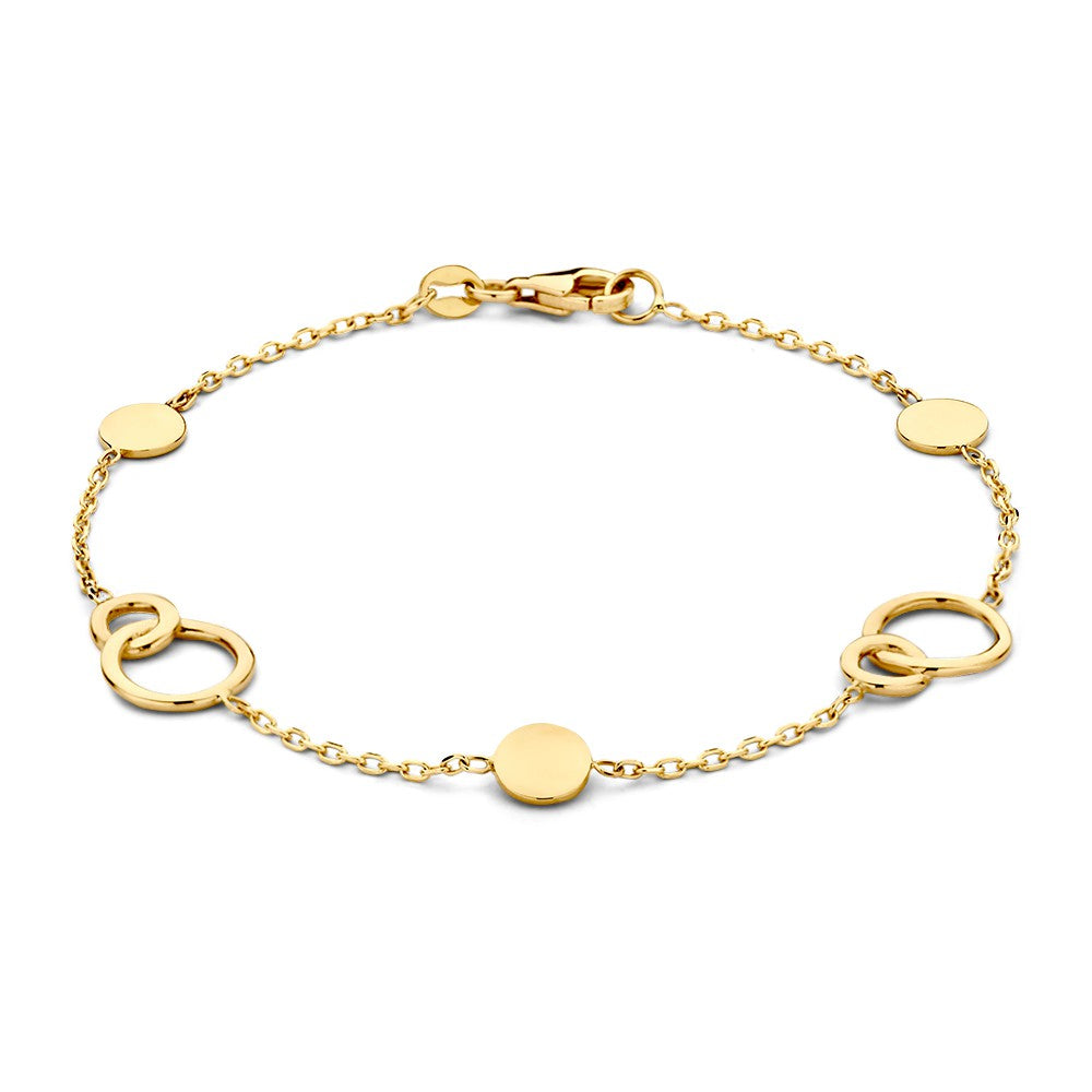 Geelgouden armband met verbonden cirkels en ronde schijven, 14-karaat, voor dames.
