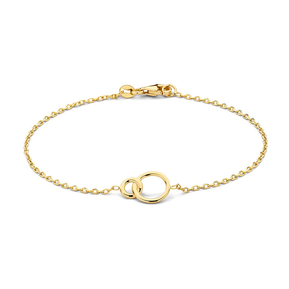 Gouden armband met stevige ankerschakel en verbonden cirkels, 14-karaat, voor dames.
