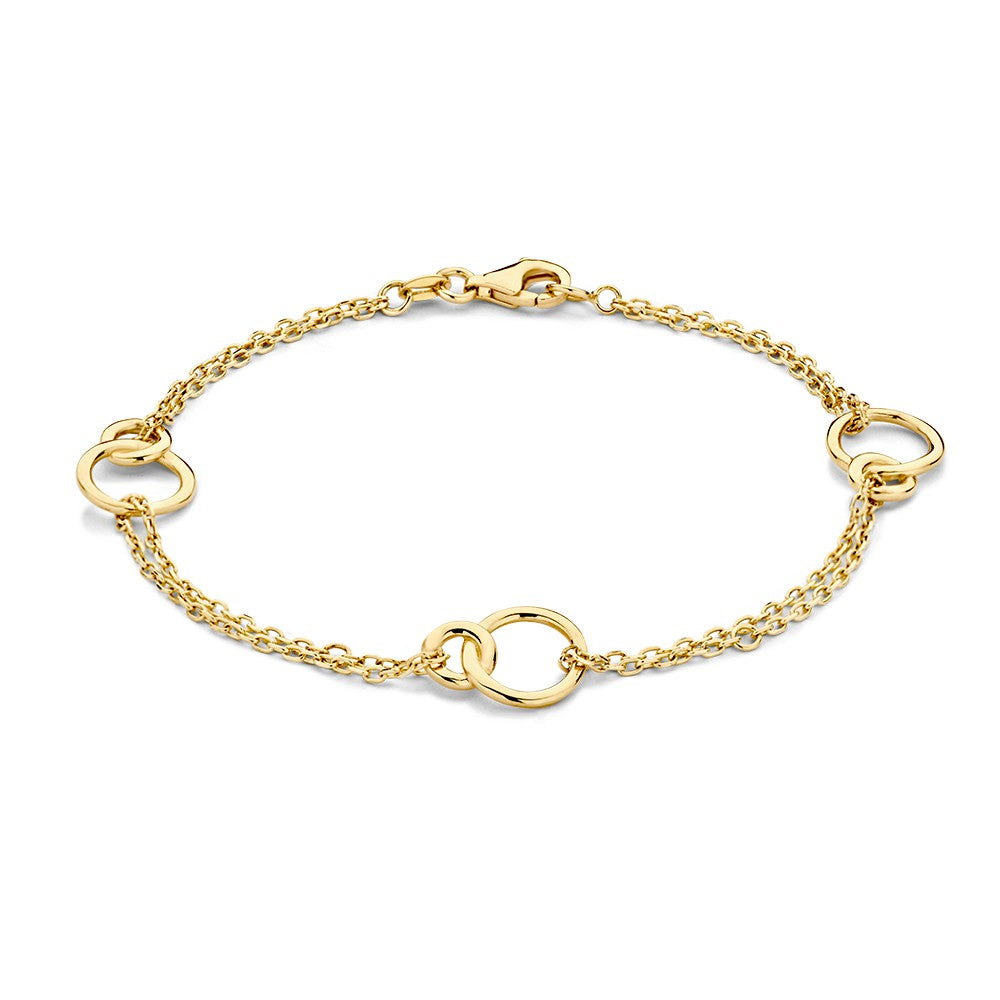 Geelgouden armband met dubbele rij en verbonden cirkel elementen, 14-karaat.