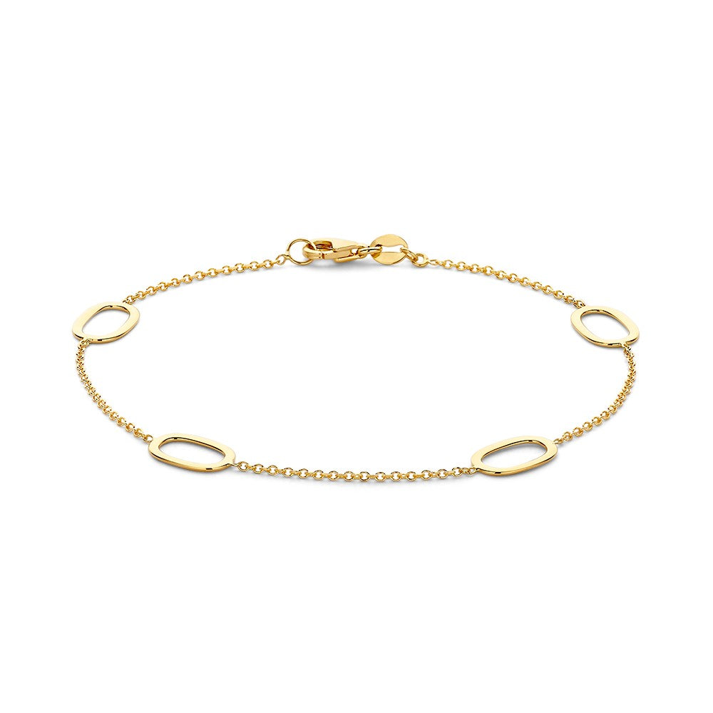 Geelgouden schakelarmband van 14 karaat goud met opengewerkte ovale schakels.