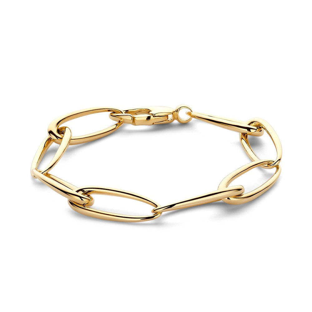 Geelgouden schakelarmband met asymmetrische schakels, vervaardigd uit 14 karaat goud.