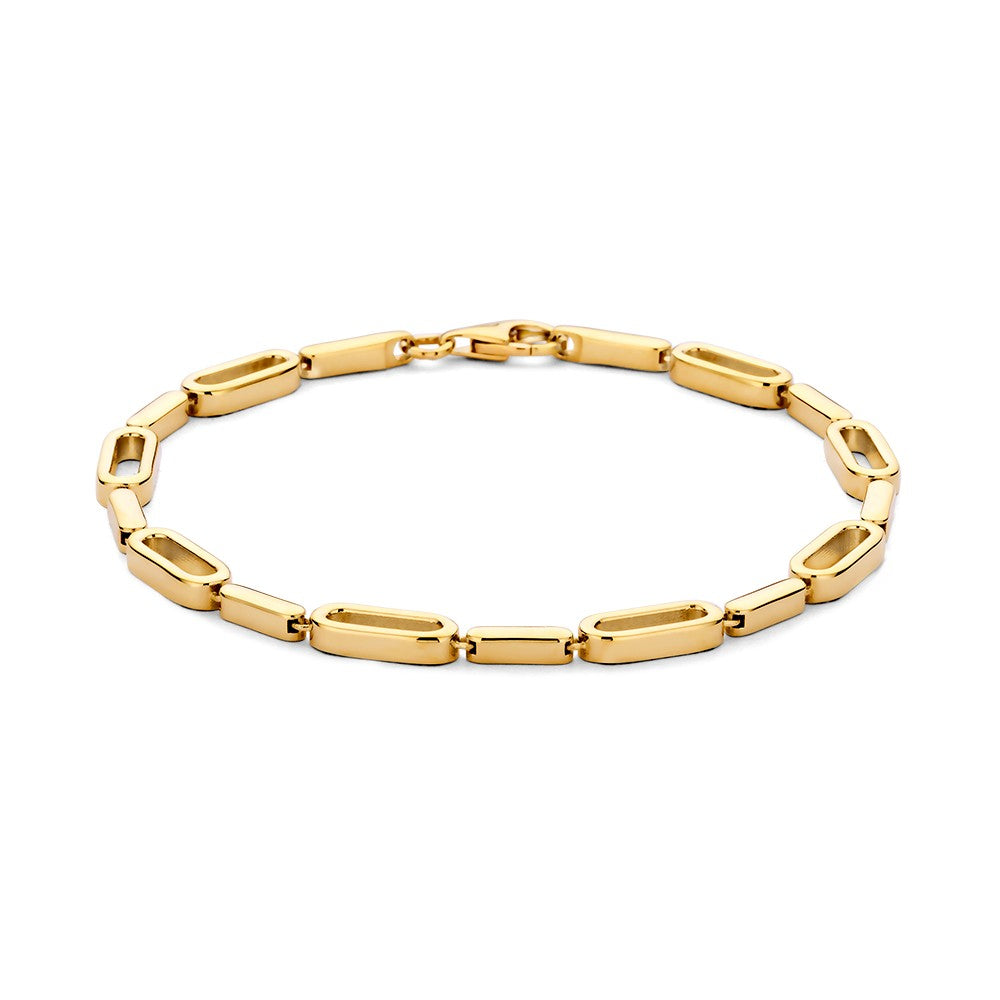 Geelgouden schakelarmband met een speelse afwisseling van rechthoekige en ovale schakels.