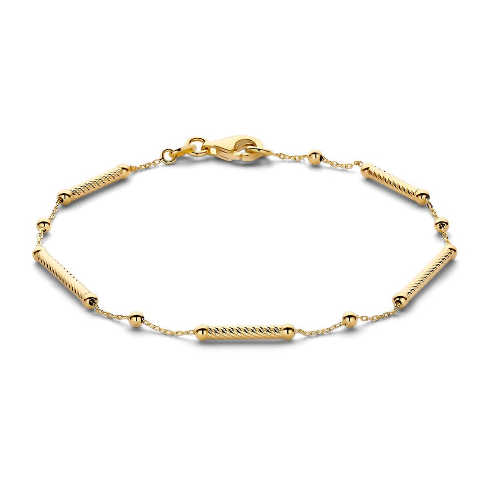 Geelgouden armband van 14 karaat met een schakelpunt en bolletjes, lengte 19 cm.