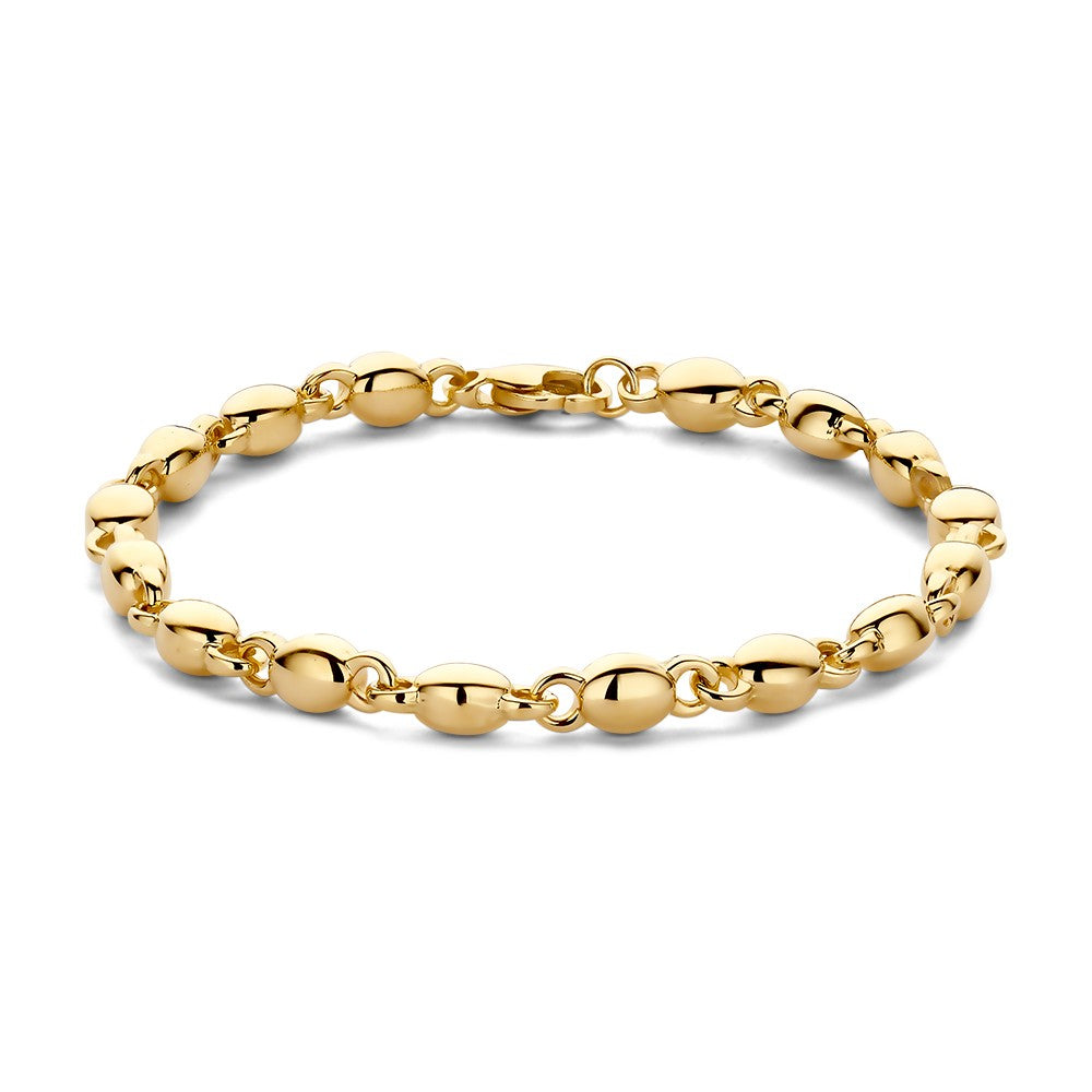Geelgouden armband met een schakelontwerp van ronde en ovale elementen.