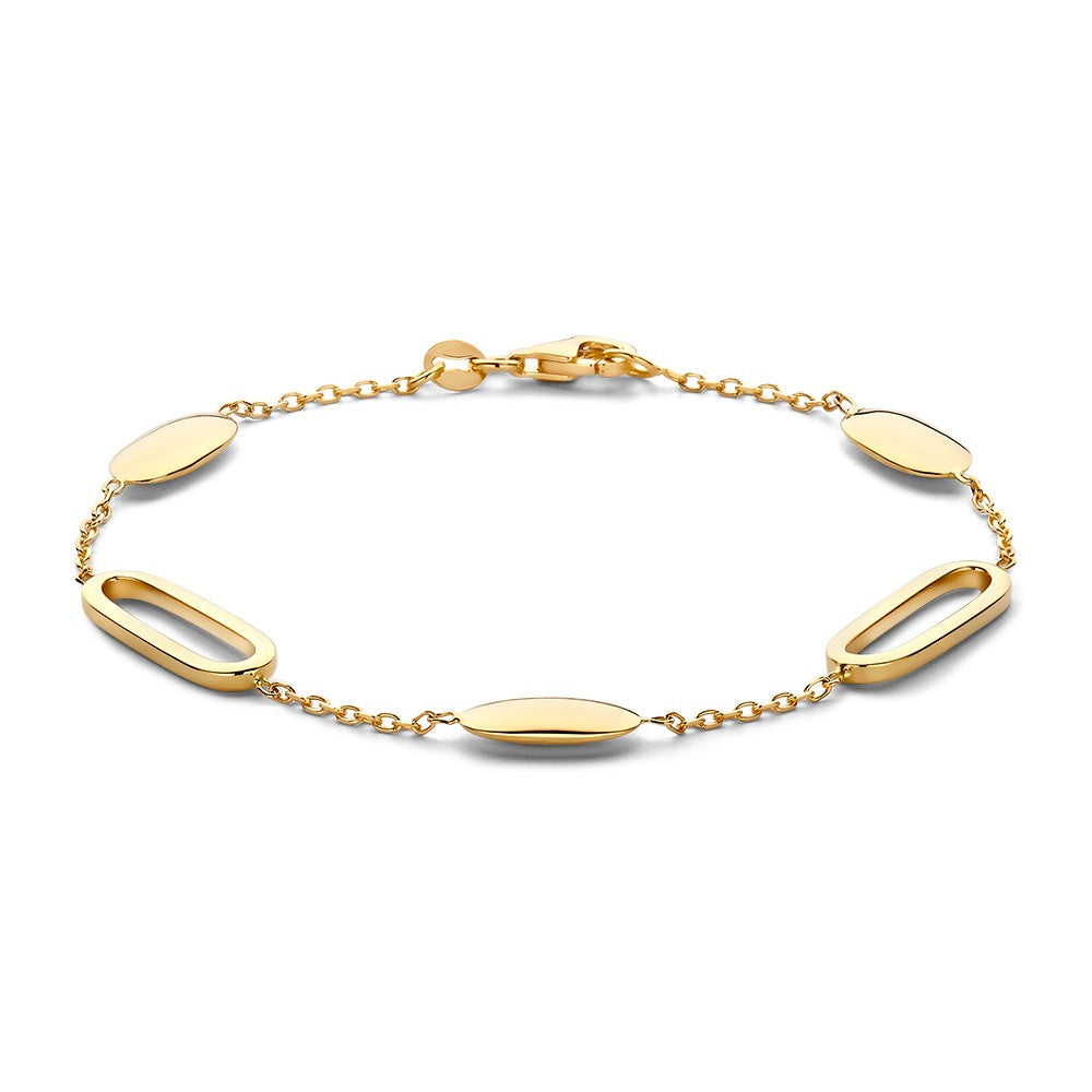 Geelgouden armband met ovale en rechthoekige schakels, afgewerkt met een glanzende uitstraling.