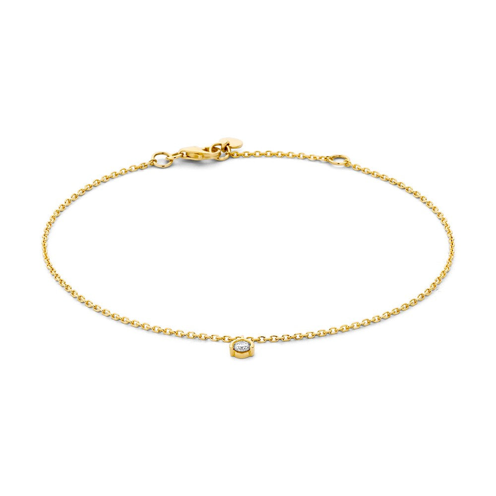 Geelgouden armband met een briljant van 0,08 crt, fijn schakeldesign en een sluiting.