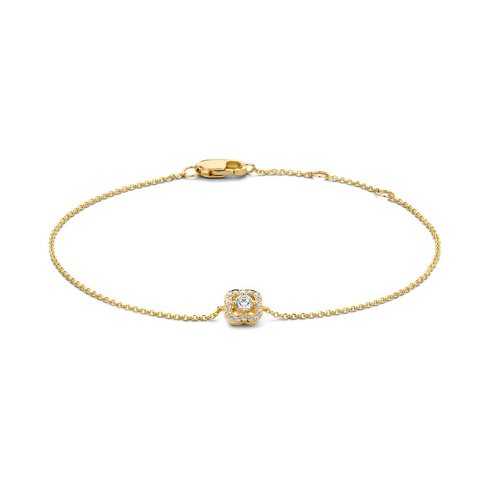 Geelgouden armband van 14 karaat met een centrale diamant van 0,14 crt, 18 cm lang.