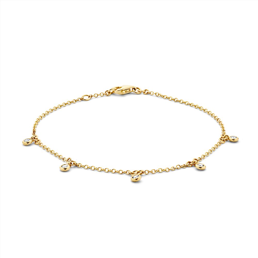 Geelgouden armband van 14 karaat met vijf hangende diamanten, lengte 18-19 cm.