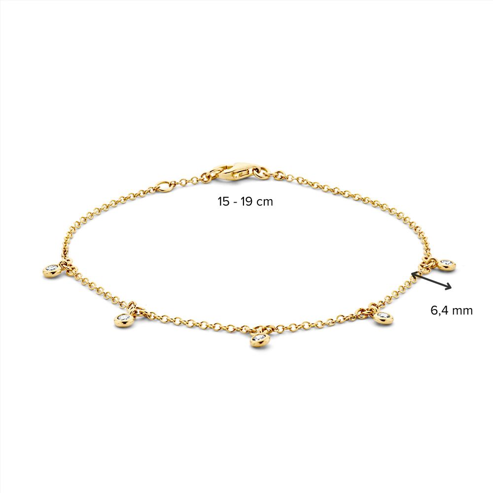 Geelgouden Armband met 5 Hangende Diamanten 14 Karaat, 0,21 crt – 18-19 cm