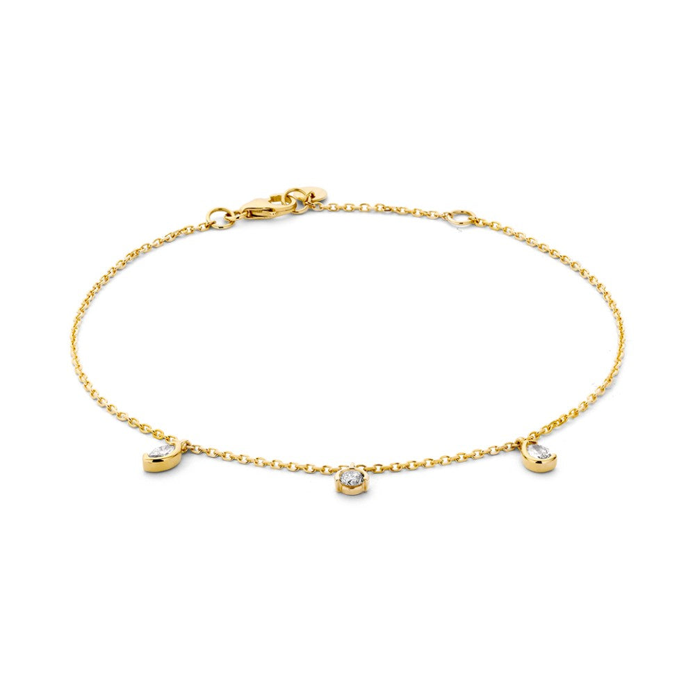 Geelgouden armband met drie briljant geslepen steentjes van 0,24 crt in een delicate schakeling.