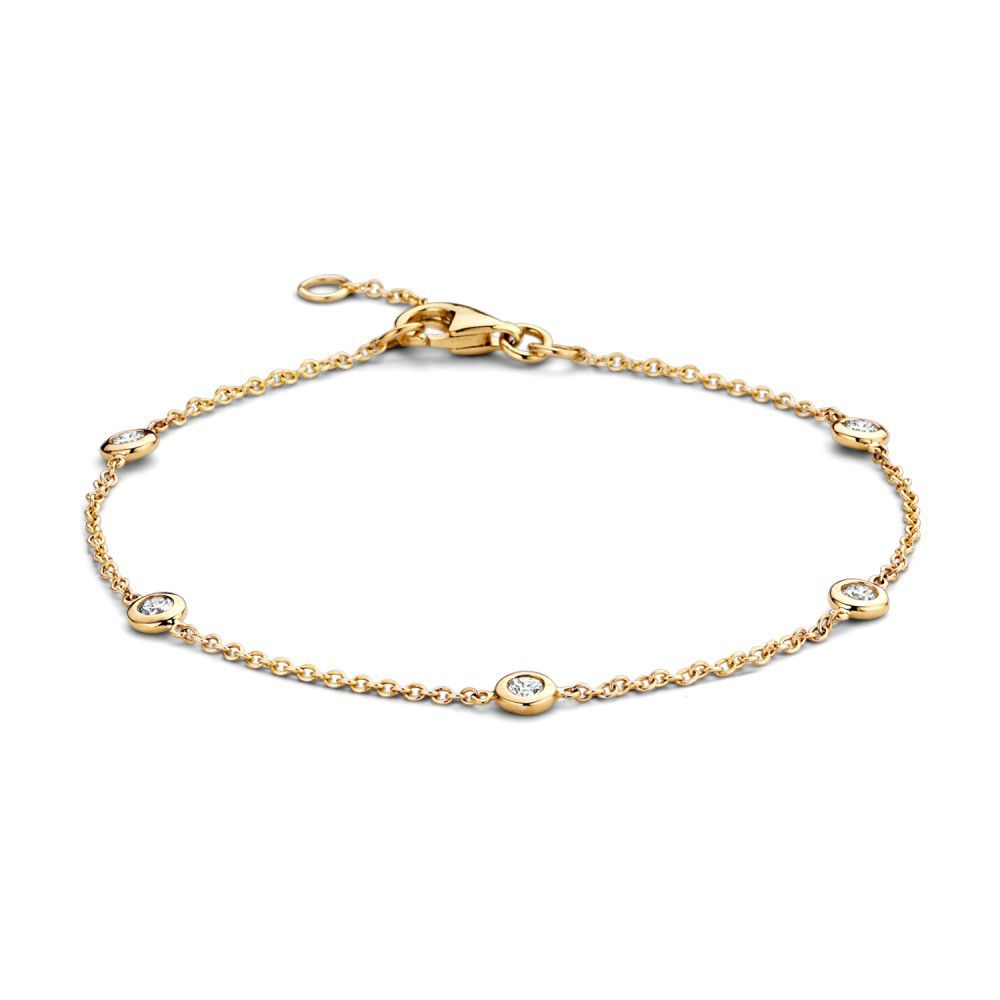 Geelgouden armband met vijf diamanten van 0,05 ct, fijne schakel en karabijnsluiting.