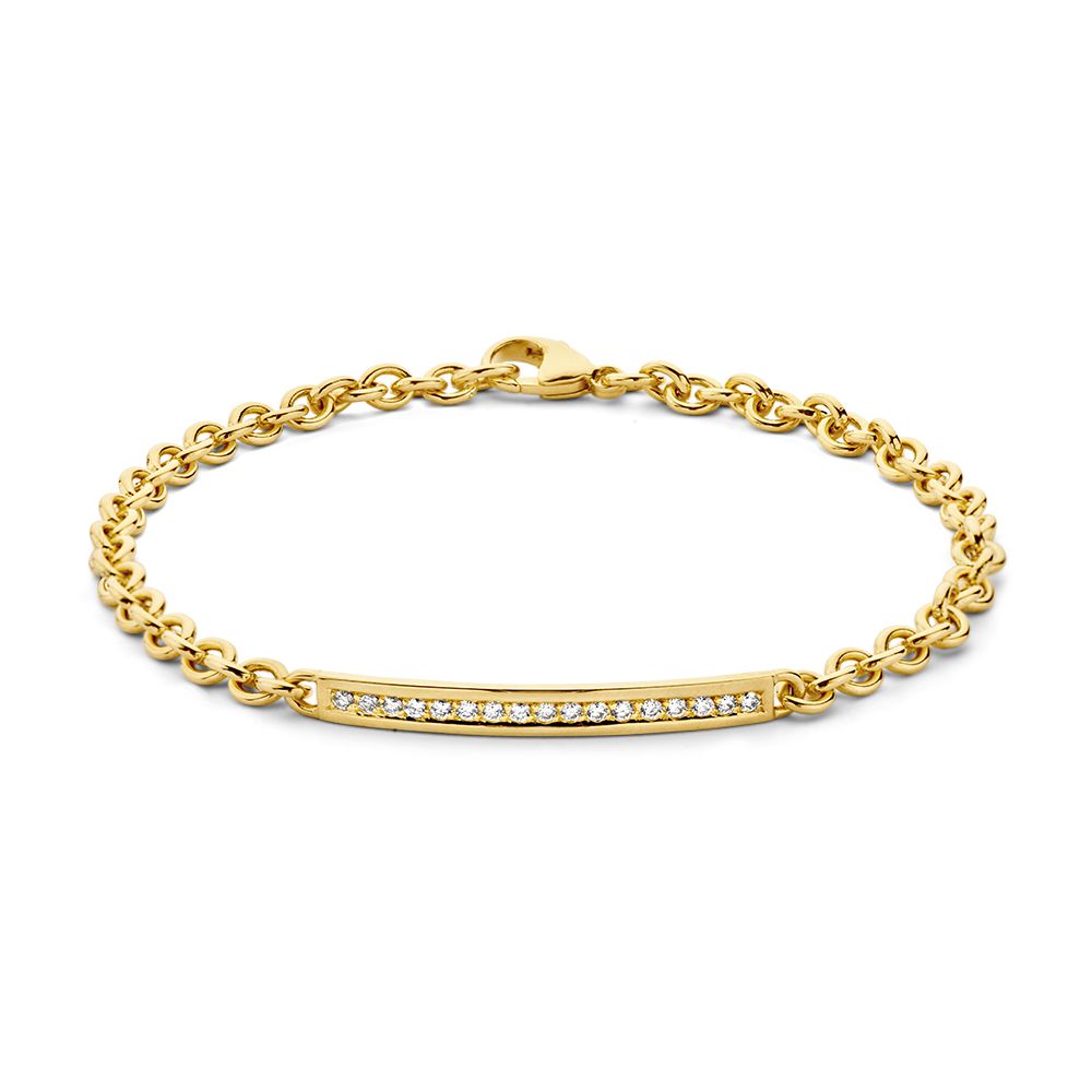 Geelgouden armband van 14 karaat met een rij van diamanten, lengte 19 cm.