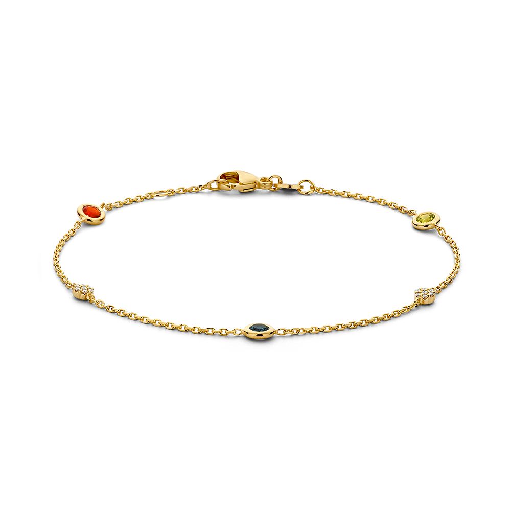 Geelgouden armband met London Blue topaas, peridot, vuur opaal en diamant, 14 karaat goud.