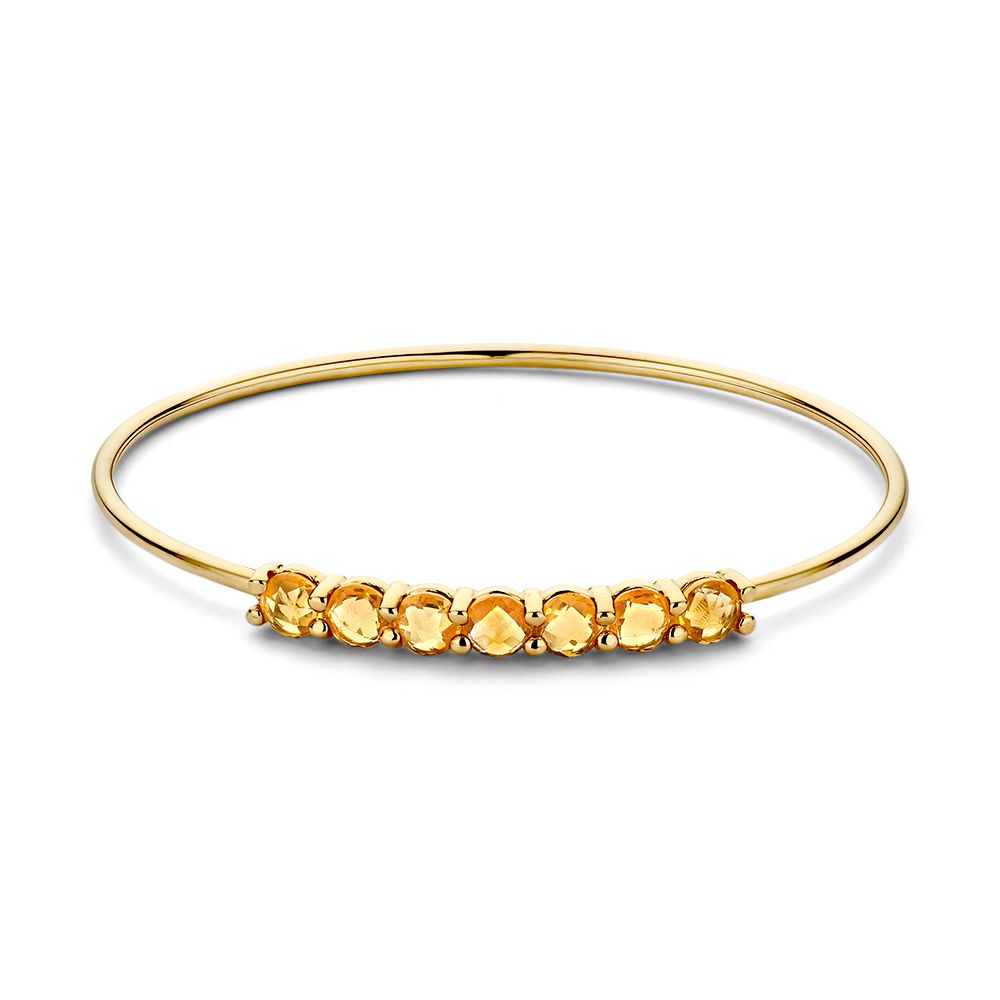 Geelgouden bangle met citrien stenen in een warme gloed, 14 karaat, 60x50 mm.