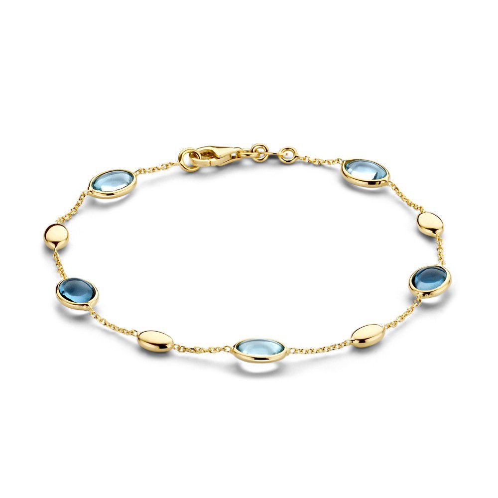 Geelgouden armband van 14 karaat met blauwe edelstenen, waaronder topaas en London blue topaas, 19 cm lang.