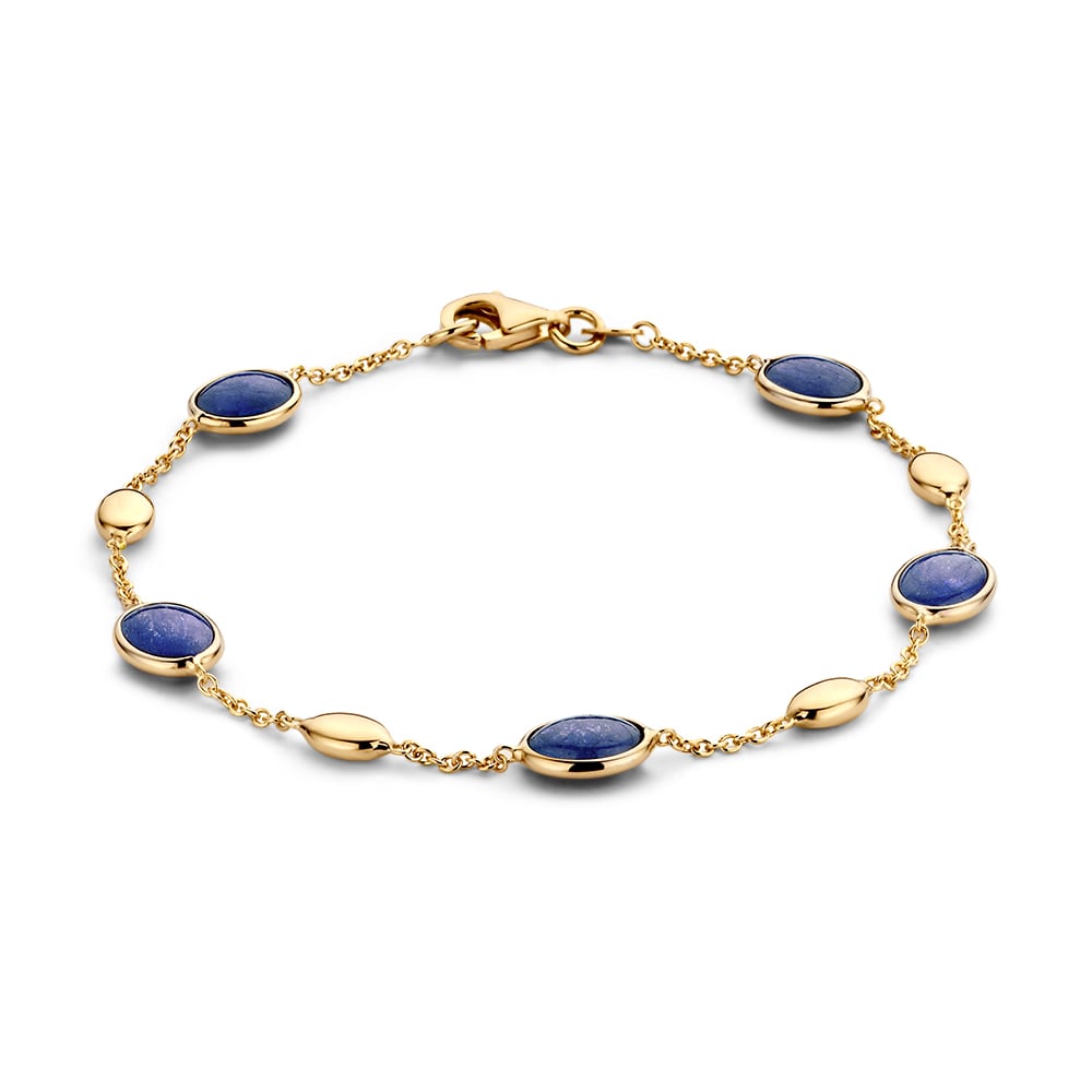 Geelgouden armband van 14 karaat met cabochon saffieren in diepblauwe kleur, lengte 19 cm.