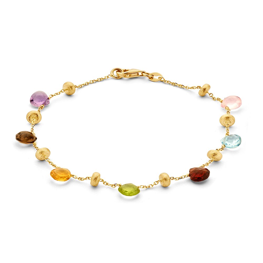Geelgouden armband met multicolor edelstenen en ronde schijfjes, 14 karaat.