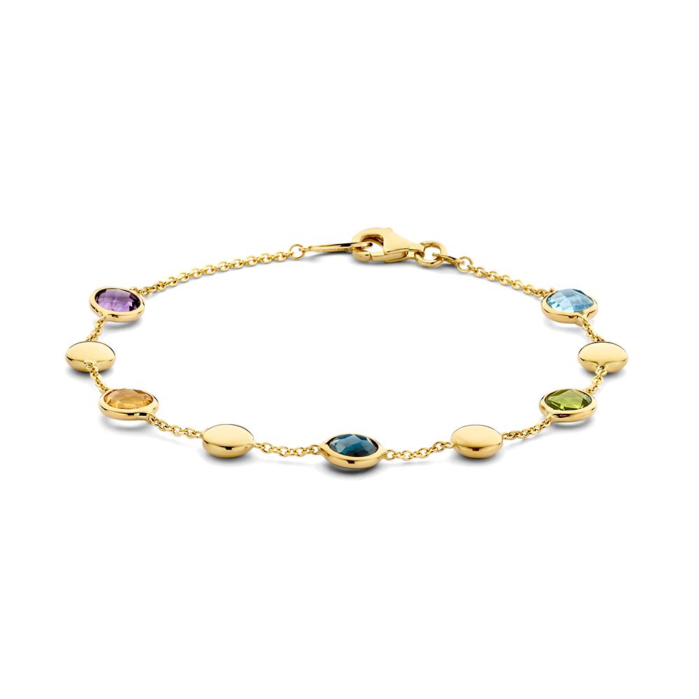 De Geelgouden Armband met Amethist, Citrien, Peridot en Topaas van Excellent Jewelry is een 14-karaats armband met ronde, veelkleurige edelstenen en een stevige karabijnsluiting.