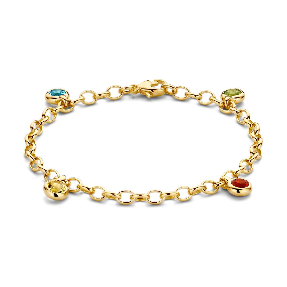 Geelgouden armband van 14-karaat goud met bedels van blauwe topaas, peridot, lemon kwarts en vuuropaal.