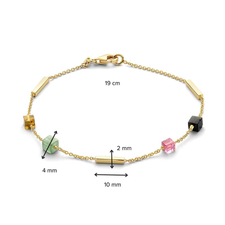 Geelgouden Armband met Multicolor Toermalijnen Blokjes – 14 Karaat, 19 cm