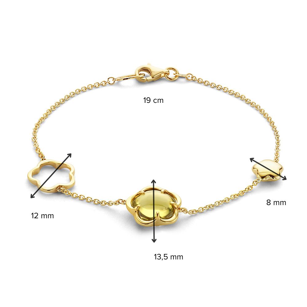 Geelgouden Armband met Bloemvormige Elementen en Groene Kwarts Hanger, 14 Karaat