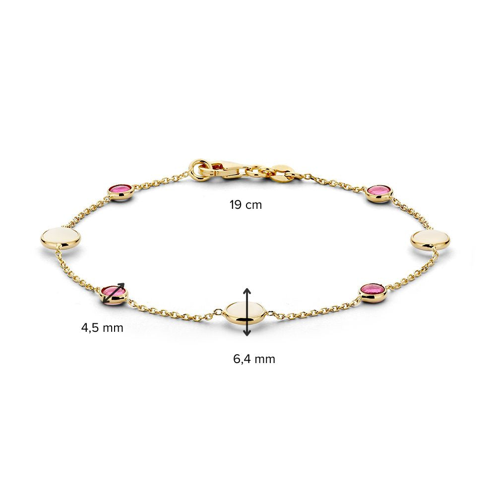 Stijlvolle Armband met Maansteen en Robijn – 14 Karaat Geelgoud, 19 cm