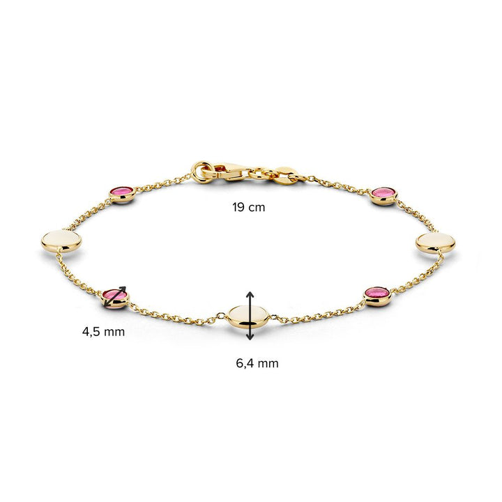 Stijlvolle Armband met Maansteen en Robijn – 14 Karaat Geelgoud, 19 cm