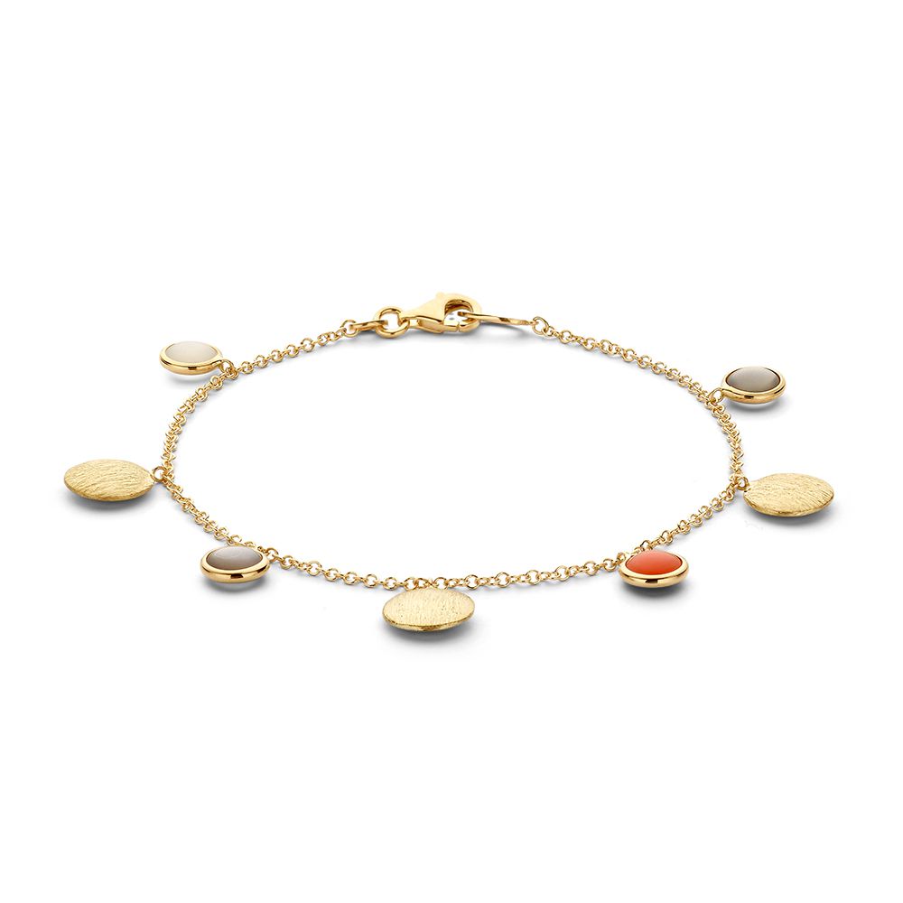 Geelgouden armband van 14 karaat met maansteen bedels, 19 cm lang, met ronde en ovale schakels.