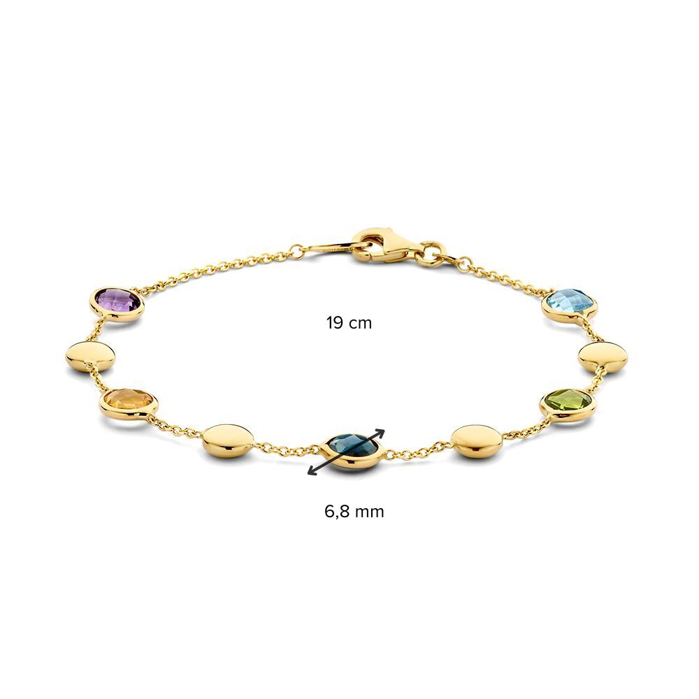 De Excellent Jewelry Geelgouden Armband met Amethist, Citrien, Peridot en Topaas (14 karaat) heeft kleurrijke edelstenen van 6,8 mm gelijkmatig verdeeld over een 19 cm lange ketting en is elegant gepresenteerd.