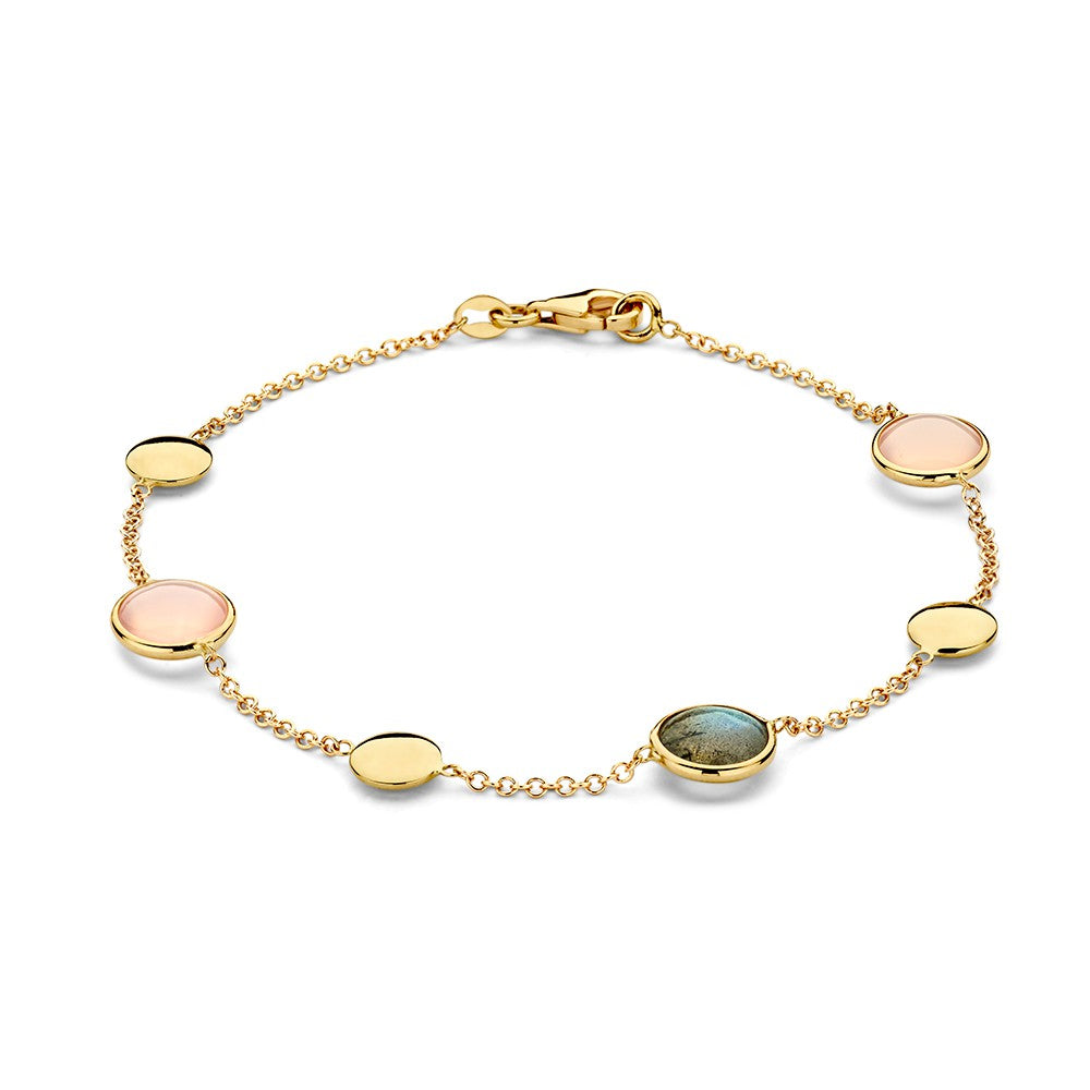 Geelgouden armband van 14 karaat met labradoriet en rozenkwarts, versierd met ronde schakels.