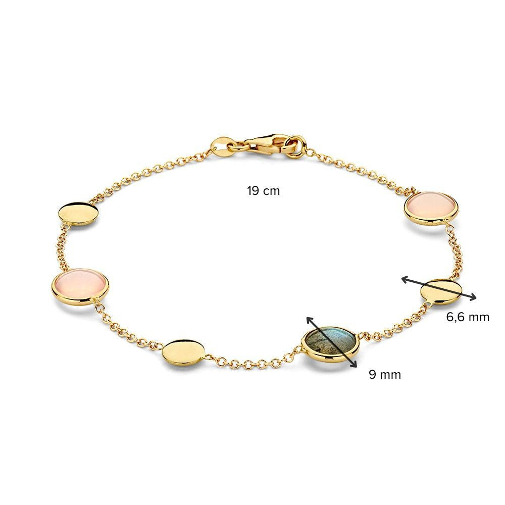 Geelgouden Armband met Labradoriet en Rozenkwarts – 14 Karaat, 19 cm