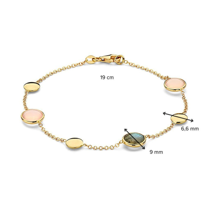 Geelgouden Armband met Labradoriet en Rozenkwarts – 14 Karaat, 19 cm