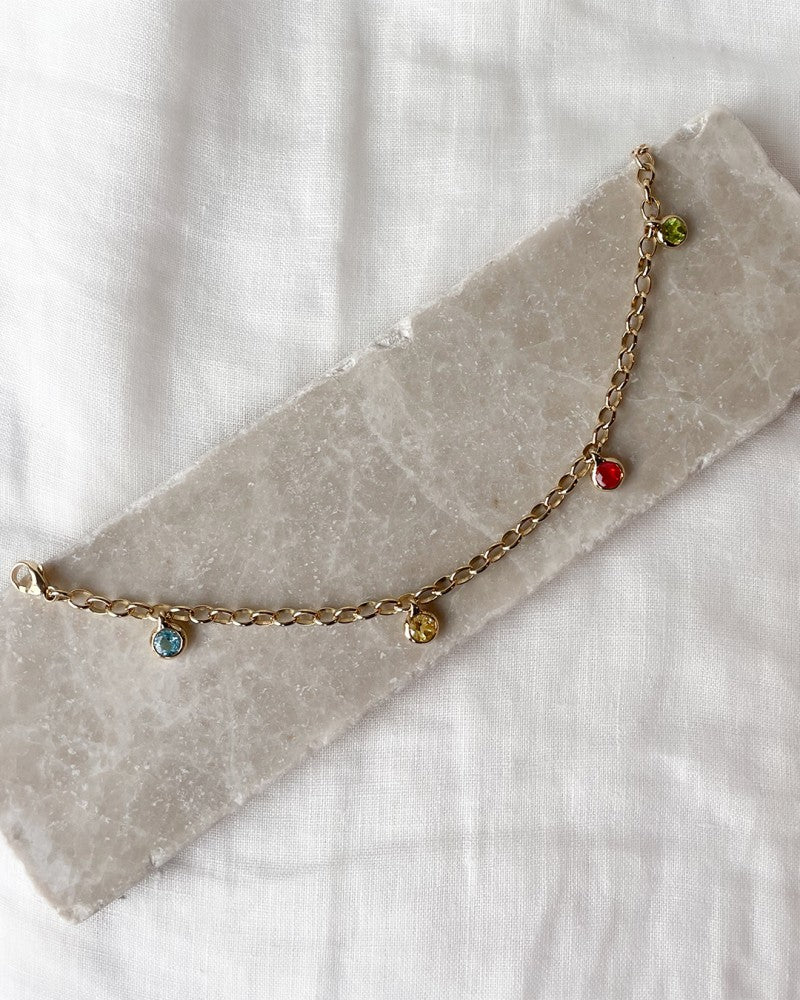 Geelgouden Armband met Edelstenen Bedels – 14-Karaat Goud – Blauwe Topaas, Peridot, Lemon Kwarts & Vuuropaal