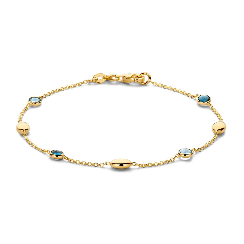 Geelgouden armband van 14 karaat met blauwe topaas, 19 cm lang, met een schakelsysteem en glanzende afwerking.