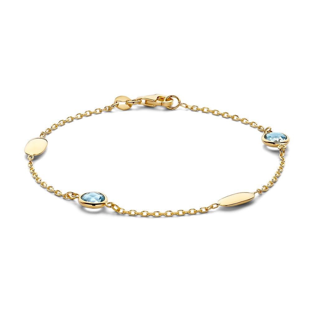 Geelgouden armband met edelstenen in verschillende vormen en een fijne schakelketting.