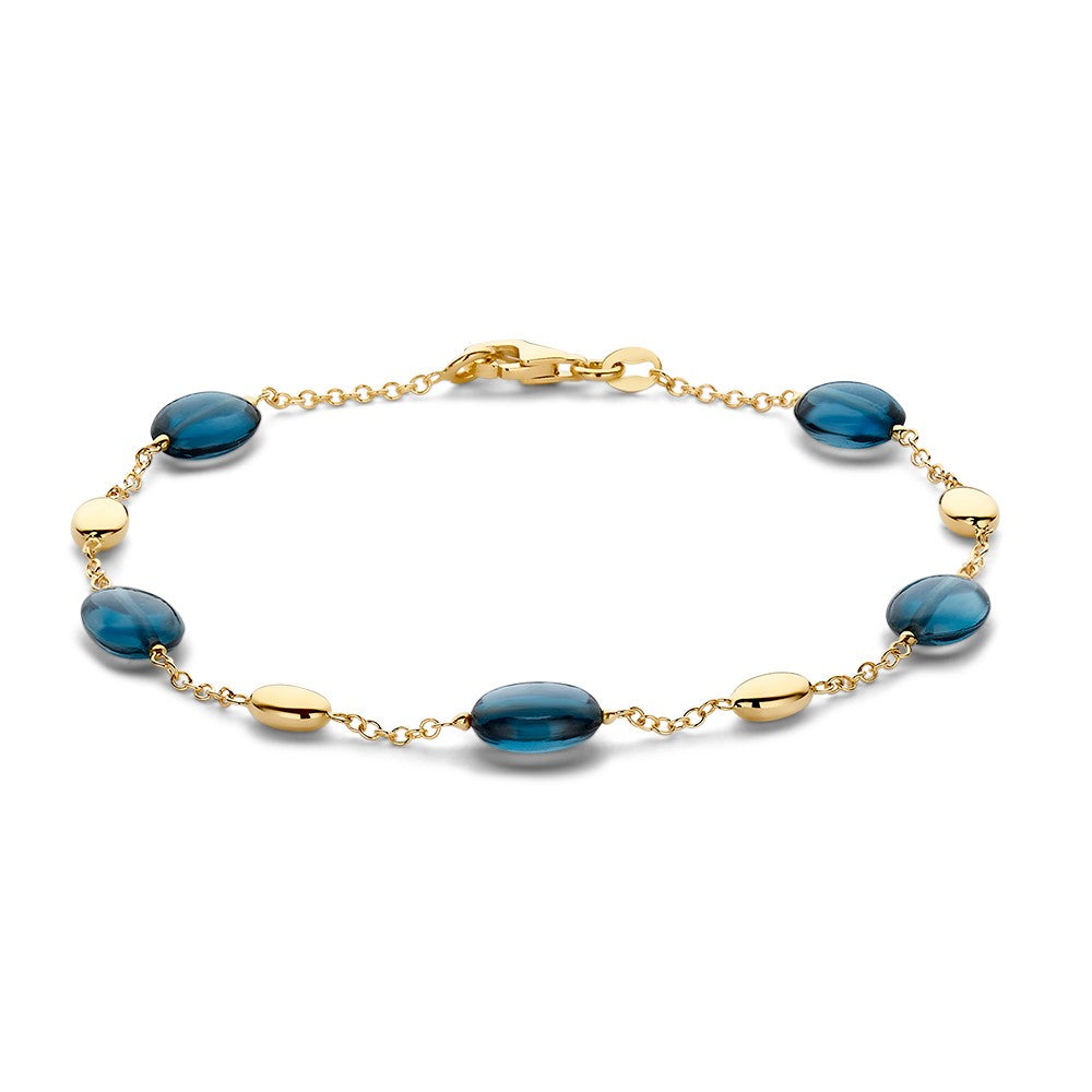 Geelgouden armband met blauwe topaas, 14 karaat, 19 cm lang en 7 mm breed, met een schakelsysteem.