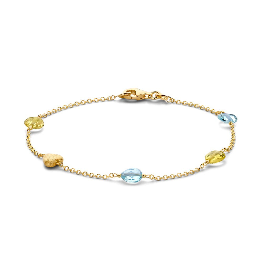 Geelgouden armband van 14 karaat met lemon quartz en blauw topaas, 19 cm lang.