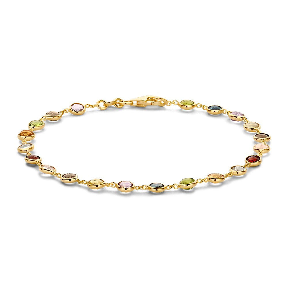 De Excellent Jewelry Armband geelgoud edelsteen is een delicaat gouden armbandje met kleine, ronde, veelkleurige edelsteentjes langs de ketting en een gouden sluiting.