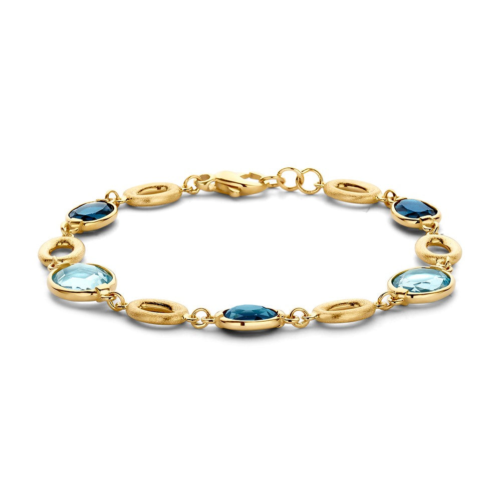 Armband van geelgoud met afwisselend blauwe en lichtblauwe edelstenen.