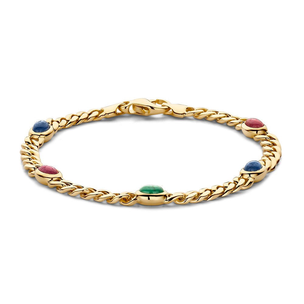 Geelgouden armband met schakels en kleurrijke edelstenen in groen, blauw en rood.