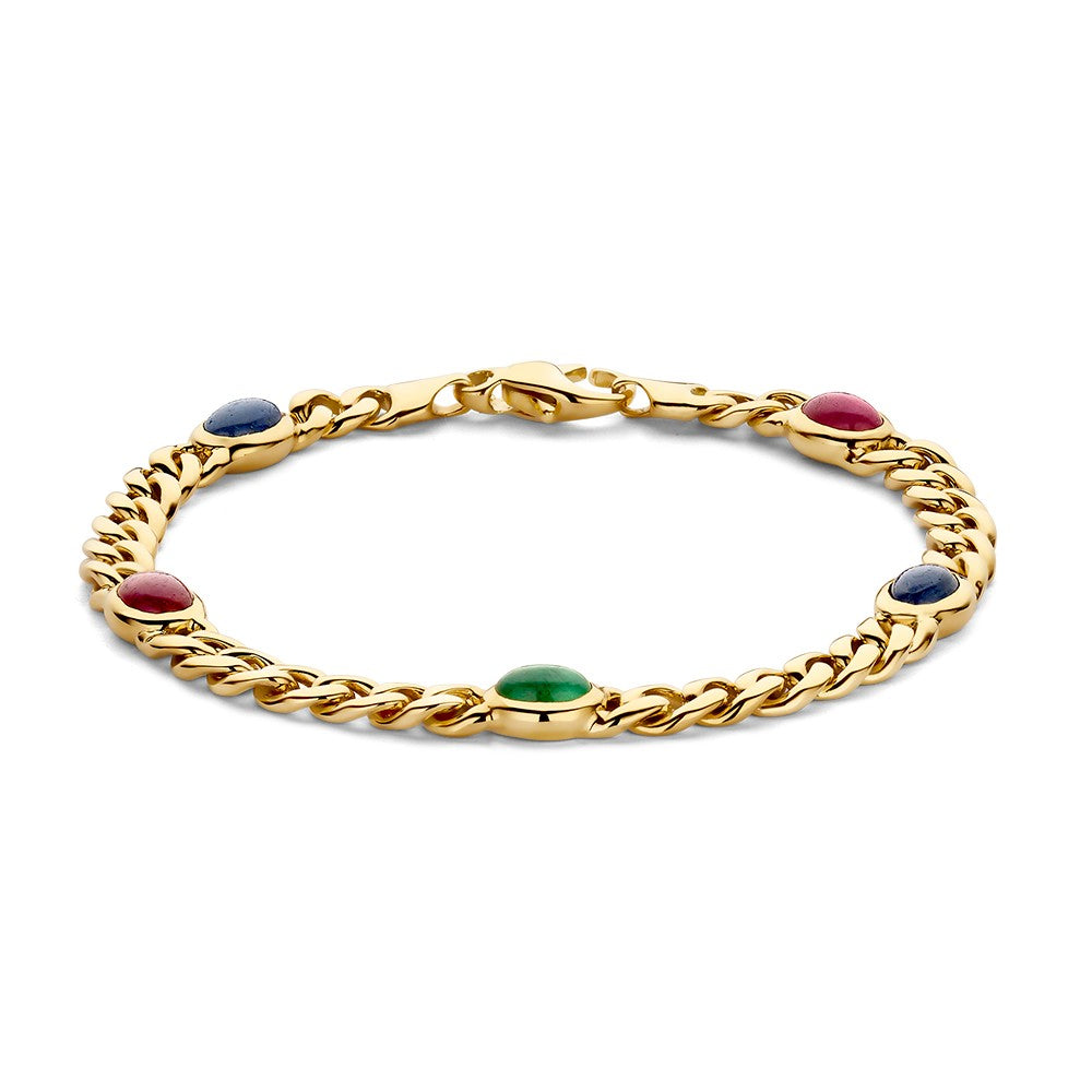 Geelgouden armband met schakels en vier ovale edelstenen in groen, blauw, rood en paars.