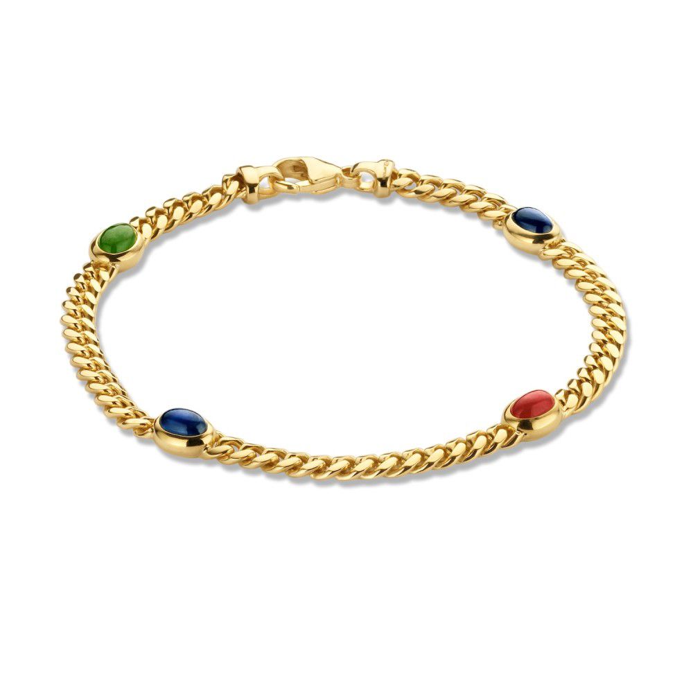 Geelgouden armband van 14 karaat met een gevlochten schakel en robijn, saffier en smaragd als opvallende details.