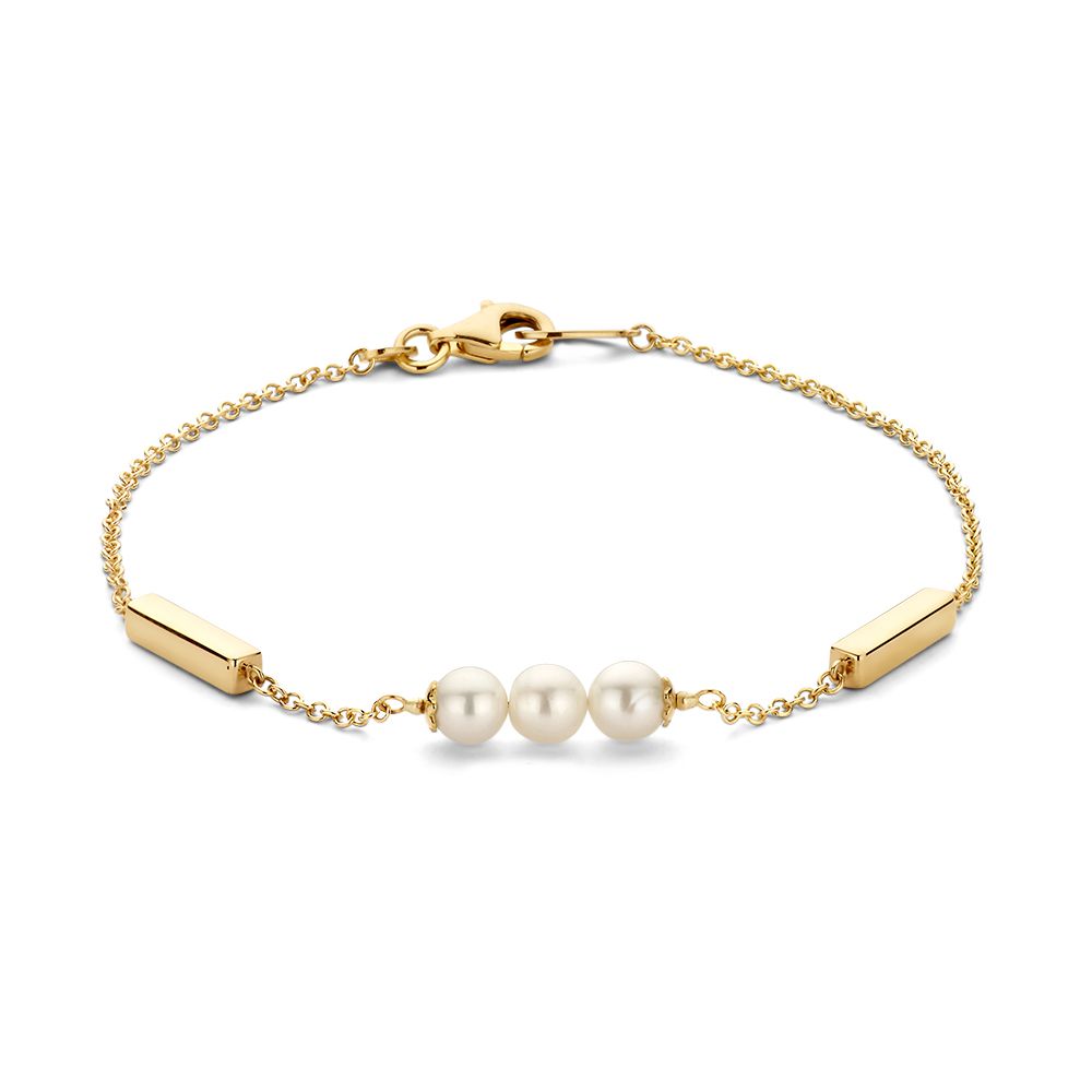Geelgouden armband met drie zoetwaterparels en twee staafjes, 19 cm lang.