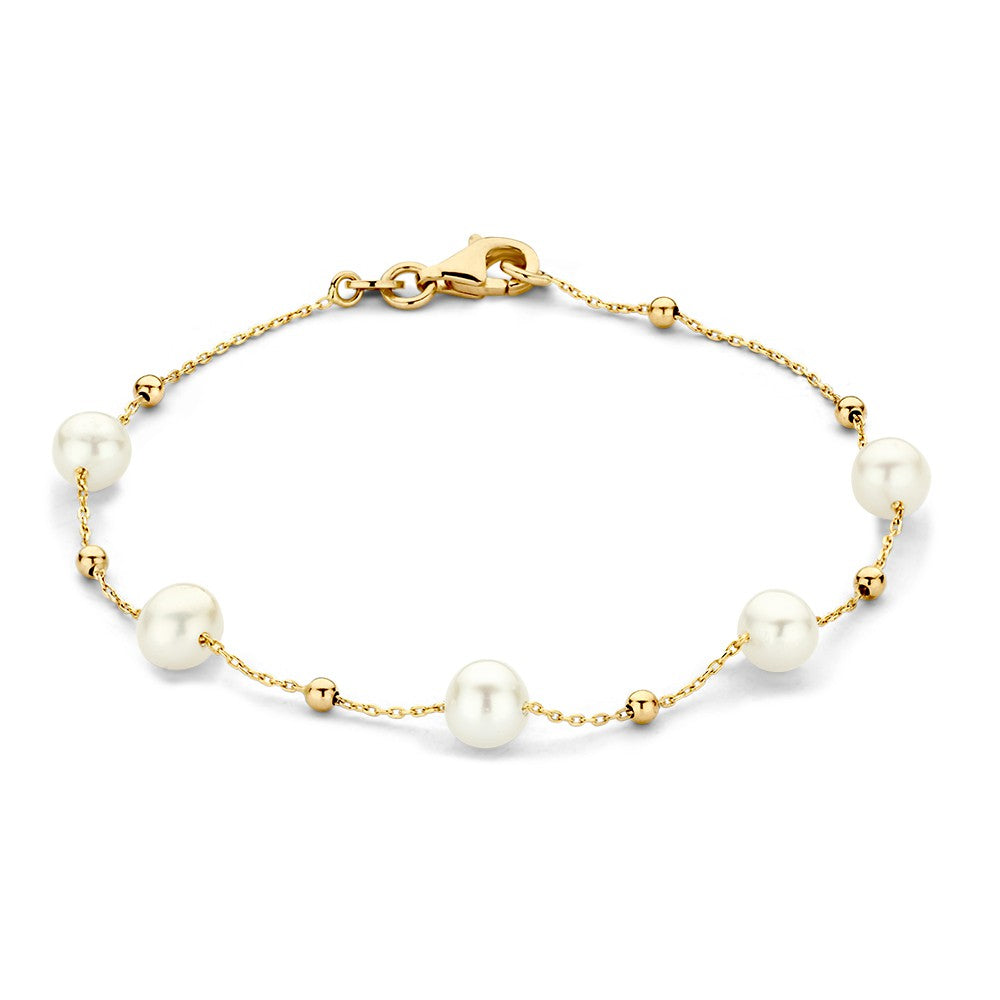 Geelgouden armband van 14 karaat met parels en gouden bolletjes, lengte 19 cm.