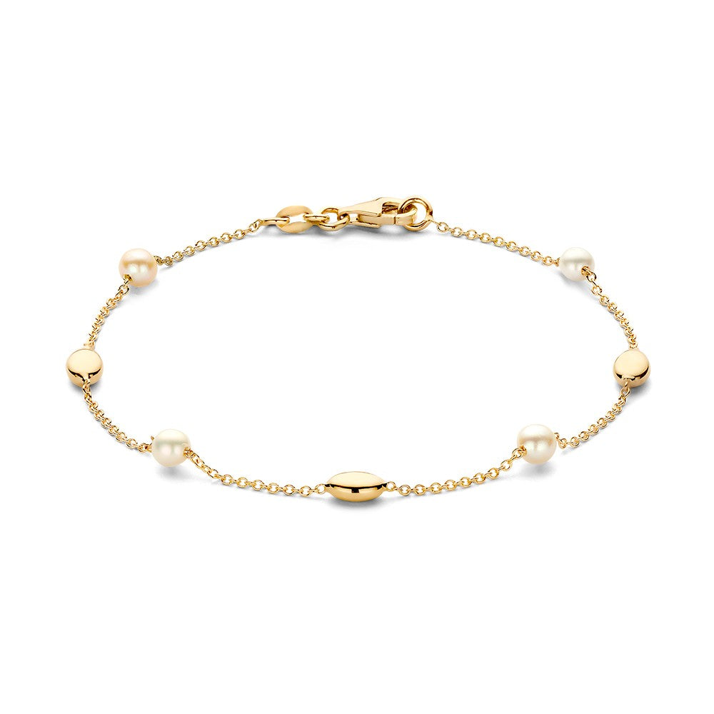 Geelgouden armband van 14 karaat met parels en gouden elementen, lengte 19 cm.