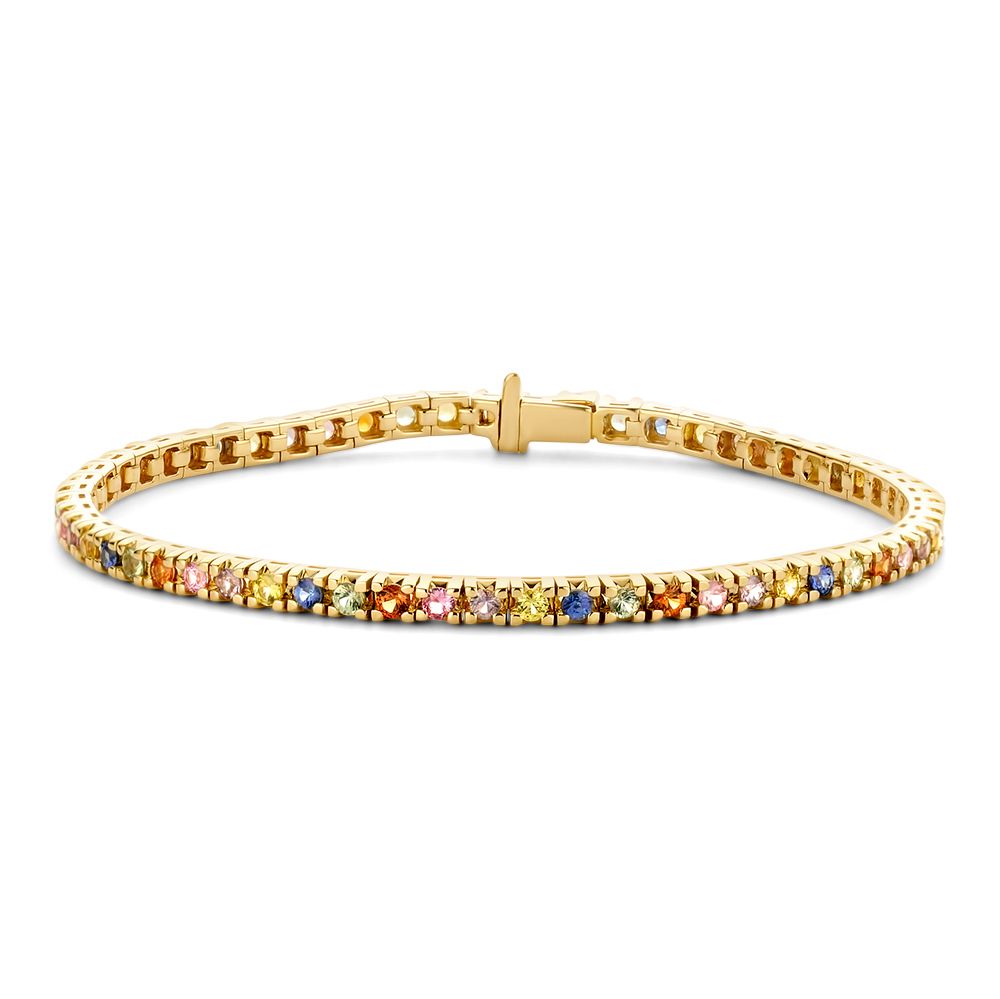 Geelgouden tennisarmband met een rij regenboog saffieren in verschillende kleuren, 14 karaat.